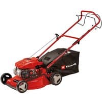 Red Einhell petrol lawnmower with black wheels, grass collection bag, and self-propelled handle system.