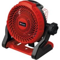 Red and black Einhell cordless fan with circular grille and adjustable stand, part of Power X-Change series.