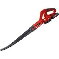Red Einhell cordless leaf blower with black nozzle, ergonomic handle, and attached 18V 2.0Ah battery.