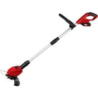 Red and black Einhell cordless grass trimmer with adjustable handle and 18V lithium battery.