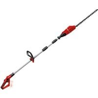 Red and black Einhell 18V pole hedge trimmer with adjustable telescopic handle and dual-action blades.