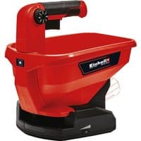 "Red Einhell GE-US 18 Li-Solo 18V spreader with black handle and base, featuring a compact design and control dial"