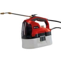 Red and black Einhell cordless garden sprayer with transparent tank and brass nozzle on an extendable wand.