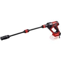 Red and black Einhell cordless pressure washer with long nozzle and transparent battery compartment.