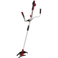 Red and silver Einhell brushless brush cutter with dual handles and black cutting head, part of the Power X-Change series.