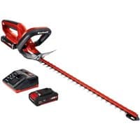 Red and black Einhell cordless hedge trimmer with 460mm blade, 18V battery, and charger included.