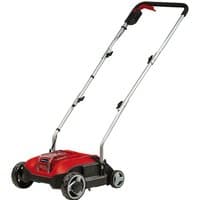 Red and black Einhell 18V cordless scarifier with dual handles, large wheels, and adjustable height settings.