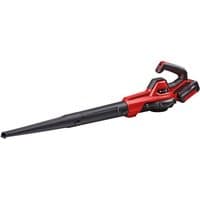 Red and black Einhell cordless leaf blower with ergonomic handle, long nozzle, and 4Ah battery attached.