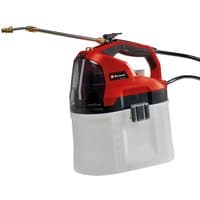 Red and white Einhell 18V pressure sprayer with transparent tank, brass nozzle, and ergonomic handle.