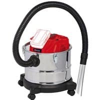 Red and silver Einhell ash vacuum with black hose, 15-liter capacity, on wheels, part of the Power X-Change series.