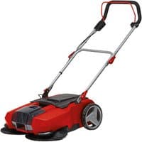 Red Einhell cordless push sweeper with dual black brushes, large rear wheels, and adjustable handle.