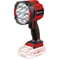Red and black Einhell cordless work light with seven LED bulbs and ergonomic handle, compatible with 18V Power X-Change.