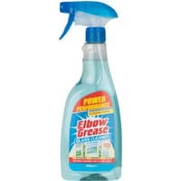 Elbow Grease Glass Cleaner 500ml, blue spray bottle with red and yellow label, blue trigger nozzle.