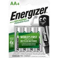 Pack of four silver Energizer AA 2000mAh Power Plus rechargeable batteries with green accents in plastic packaging.