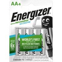 Energizer AA 2300mAh Recharge Extreme NiMH batteries, four-pack, silver with green and black accents in blister packaging.