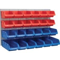 Faithfull 24 Piece Plastic Storage Bin Set with red and blue bins on a gray wall-mounted rack.