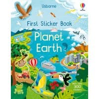 "Colorful Usborne sticker book 'Planet Earth' with animals, landscapes, and over 300 stickers on the cover."