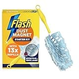 Flash Duster Dust Magnet Starter Kit with yellow handle and blue fluffy refills, includes 13 refills in yellow box.