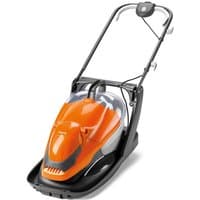 Orange Flymo electric hover lawnmower with black handle, transparent grass collector, and 33cm cutting width.