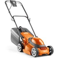 Orange Flymo EasiStore 300R electric rotary lawnmower with black handle, 30cm cutting width, and rear grass collection box.