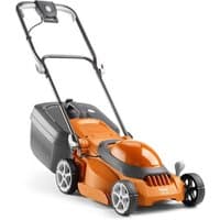 Orange Flymo EasiStore 340R electric rotary lawnmower with black grass box and foldable handle.