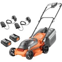 Orange Flymo EasiStore 340R rotary lawnmower, 34cm blade, with black grass box, two 2Ah batteries, and chargers.