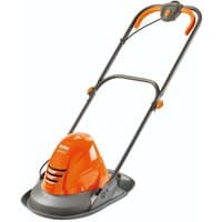 Orange Flymo Turbo Lite hover lawnmower with 25cm cutting width, grey base, and ergonomic handle.