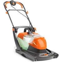 Orange and black Flymo electric hover lawnmower with clear grass box and ergonomic handle.