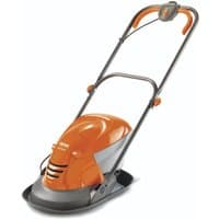 Orange Flymo Hover Vac 250 electric lawnmower with grey base, curved handle, and compact design.