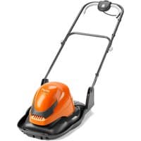 Orange Flymo Simpli Glide 360 electric hover lawnmower with black base and foldable handle.