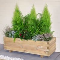 Rectangular wooden Forest 70L Agen planter with lush green plants and flowers, featuring a natural wood finish.