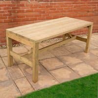 Rectangular wooden garden dining table with natural finish and sturdy legs, measuring 5'11 x 2'6 by Forest Garden.