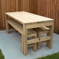 Wooden garden dining table set with two benches, natural finish, rectangular shape, slatted design, sturdy construction.