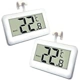 White digital fridge thermometers with large LCD displays showing temperature, featuring hooks for easy mounting.