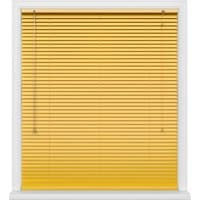 Yellow horizontal window blinds with white frame and pull cords on the left side.