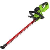 Greenworks 24V hedge trimmer, bright green body, black handle, and long red dual-action blade.