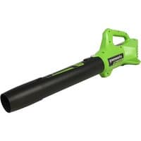 Greenworks 24V cordless axial blower, bright green body with black nozzle, ergonomic handle design.