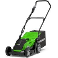 Greenworks 40V cordless lawnmower, bright green body, black handle, 35cm cutting deck, rear grass catcher.