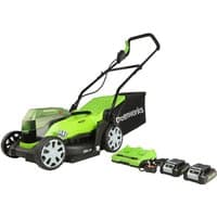 Greenworks 48V 36cm lawnmower in bright green with black handle, includes two 24V 2Ah batteries and a charger.