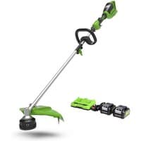 Greenworks cordless brush cutter and line trimmer, green and black, with two 4.0Ah batteries and twin charger.