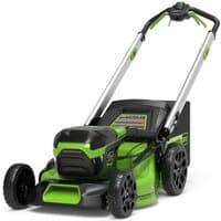 Green and black Greenworks 60V self-propelled lawnmower with 51cm deck, 4Ah battery, and ergonomic handle.