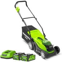 Green Greenworks 40V lawn mower with black wheels, two 2Ah batteries, charger, and black grass collection bag.