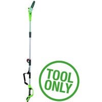 Greenworks cordless pole pruner with green accents, 20cm blade, ergonomic handle, and "Tool Only" label.