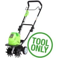 Greenworks GWG40TL 25cm 40V Cultivator, bright green body, black handle, dual wheels, tool only.