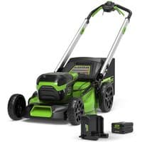Green and black Greenworks 60V self-propelled lawnmower with 46cm deck, 4Ah battery, charger, and ergonomic handle.