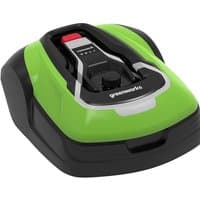 Green and black Greenworks robotic lawnmower with control panel and sleek design.