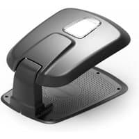 Black Greenworks robot mower garage with curved roof and vented base.