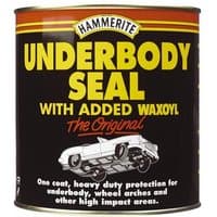 Hammerite 2.5L underbody seal tin, black with yellow text and car graphic, promises heavy-duty protection.