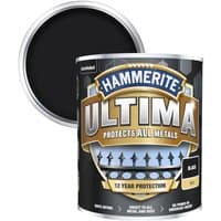 Hammerite Ultima Matt Metal Paint, Black 750ml can with protective lid, bold logo, and 12-year protection label.