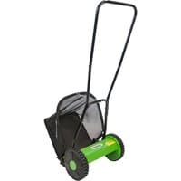 Green Handy THHM 31cm push cylinder lawnmower with black handle, two wheels, and rear grass collection bag.
